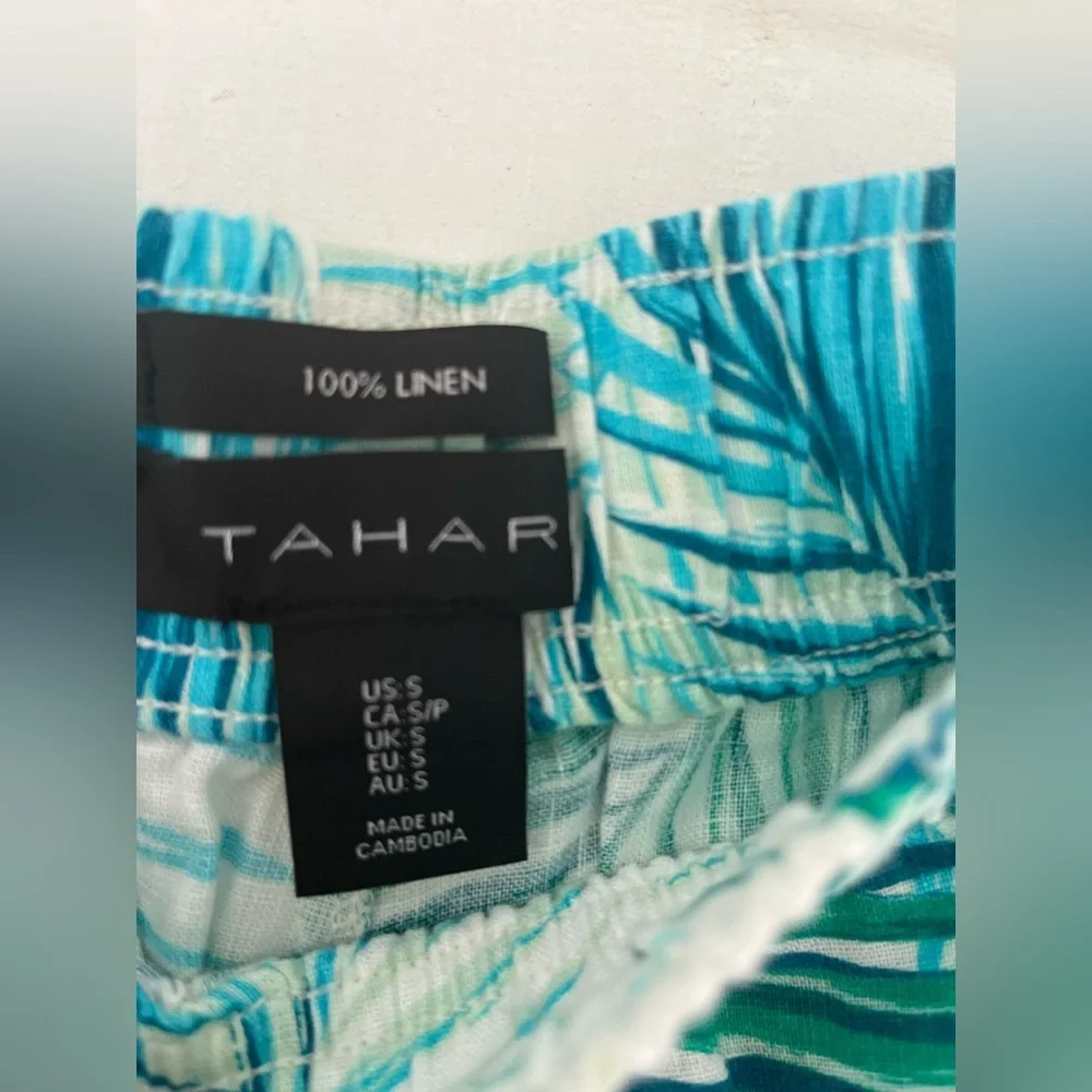 Tahari Womens 100% Linen Tropical Leaf Print Wide Leg Crop Pants Boho Beach S